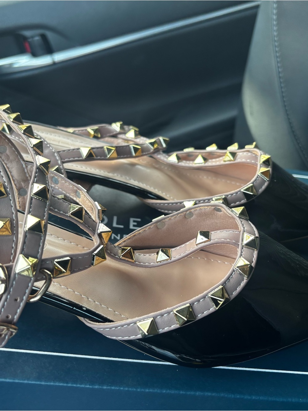 Pyramid-Stud Strappy Heels in Taupe and Black